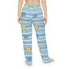 Cute blue striped pajama pants with all over print of yellow and blue cats and white daisies.