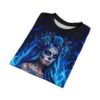 Blue flame all over print sublimation tee with sugar skull woman, roses, and skulls graphic. Perfect for streetwear aesthetic.