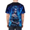 All over print sublimation tee featuring a blue sugar skull woman with floral crown, surrounded by blue flames. Seamless print design.