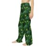 Green broccoli all over print pajama pants with leafy accents, seamless wrap around graphic design.