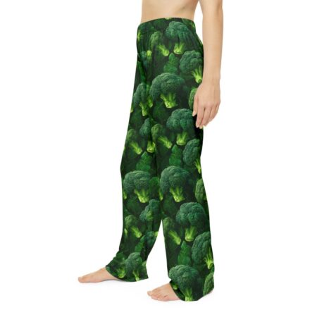 Green broccoli all over print pajama pants with leafy accents, seamless wrap around graphic design.