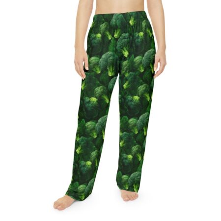 Green broccoli all over print pajama pants with a seamless wrap around graphic design.