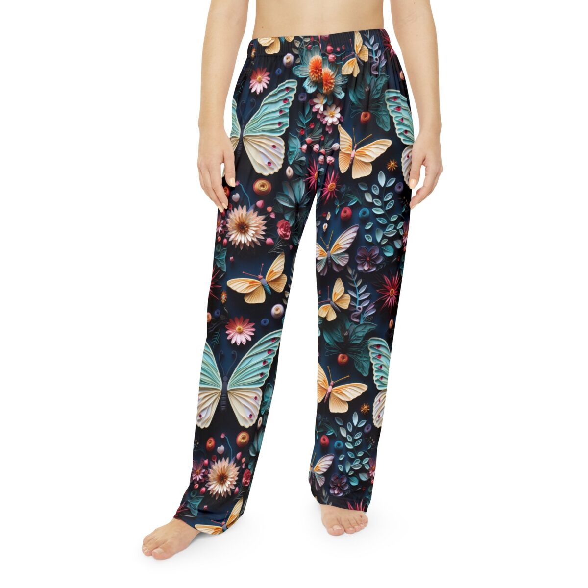 Butterfly and floral all over print lounge pants featuring a seamless vintage pattern on comfortable sublimation fabric.