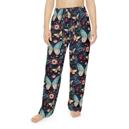 Dark floral and butterfly all over print pajama pants with seamless print design.