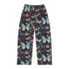 Floral and butterfly all over print pajama pants featuring large light blue butterflies and dark floral patterns.