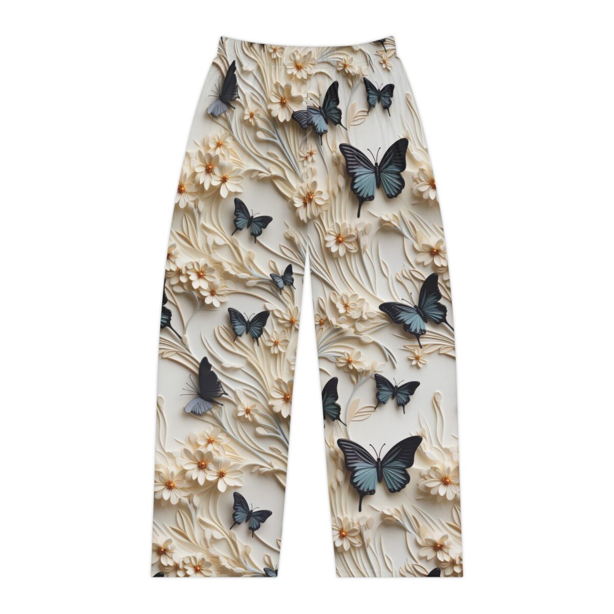 White pajama pants with all over print of blue butterflies and raised floral details.