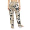Cream pajama pants with an all-over print of delicate white flowers and realistic blue butterflies.
