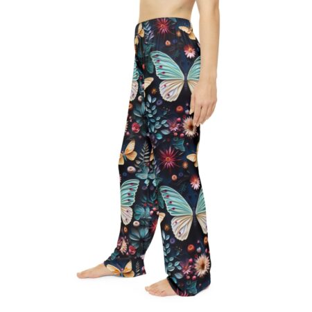 Dark floral and butterfly all over print pajama pants, featuring large blue butterflies and detailed botanical illustrations.