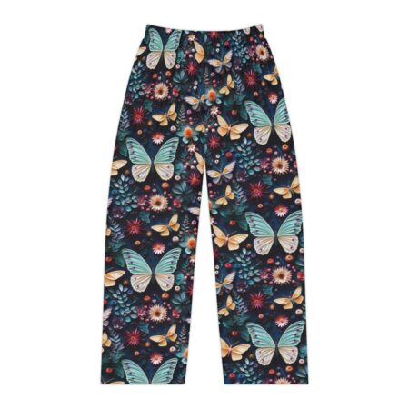 Floral and butterfly all over print pajama pants featuring large light blue butterflies and dark floral patterns.