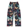 Dark floral all over print pajama pants featuring large pastel blue and yellow butterflies.