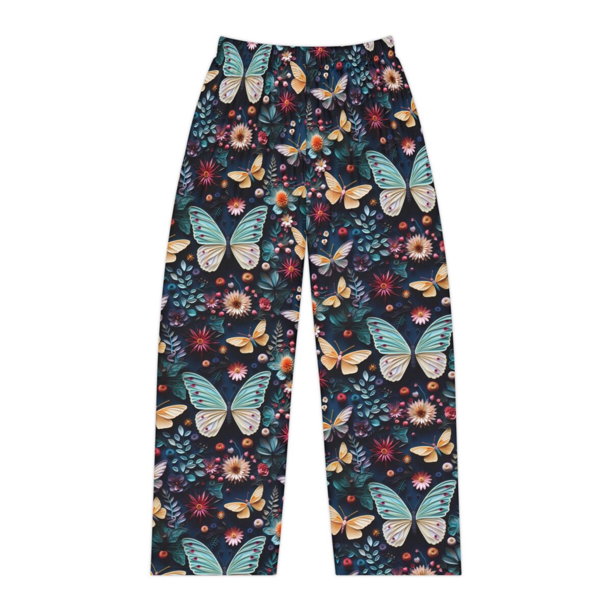 Floral and butterfly all over print pajama pants featuring large light blue butterflies and dark floral patterns.