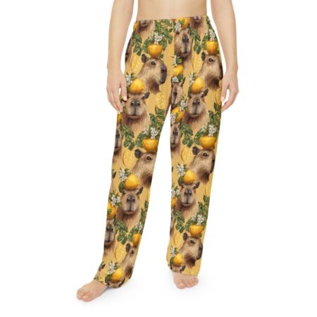 Capybara and lemon slice graphic all over print pajama pants, featuring a yellow background with a seamless wrap around design.