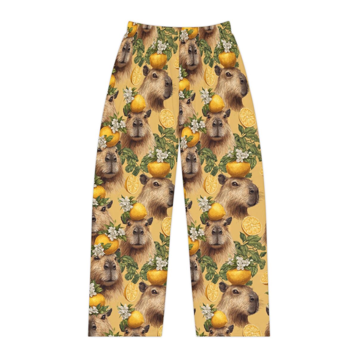 Capybara with fruit and flowers all over print pajama pants featuring citrus slices.