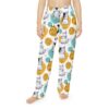 White pajama pants with all over print of cute cats, yellow circles, and teal ovals. Seamless sublimation tee design.