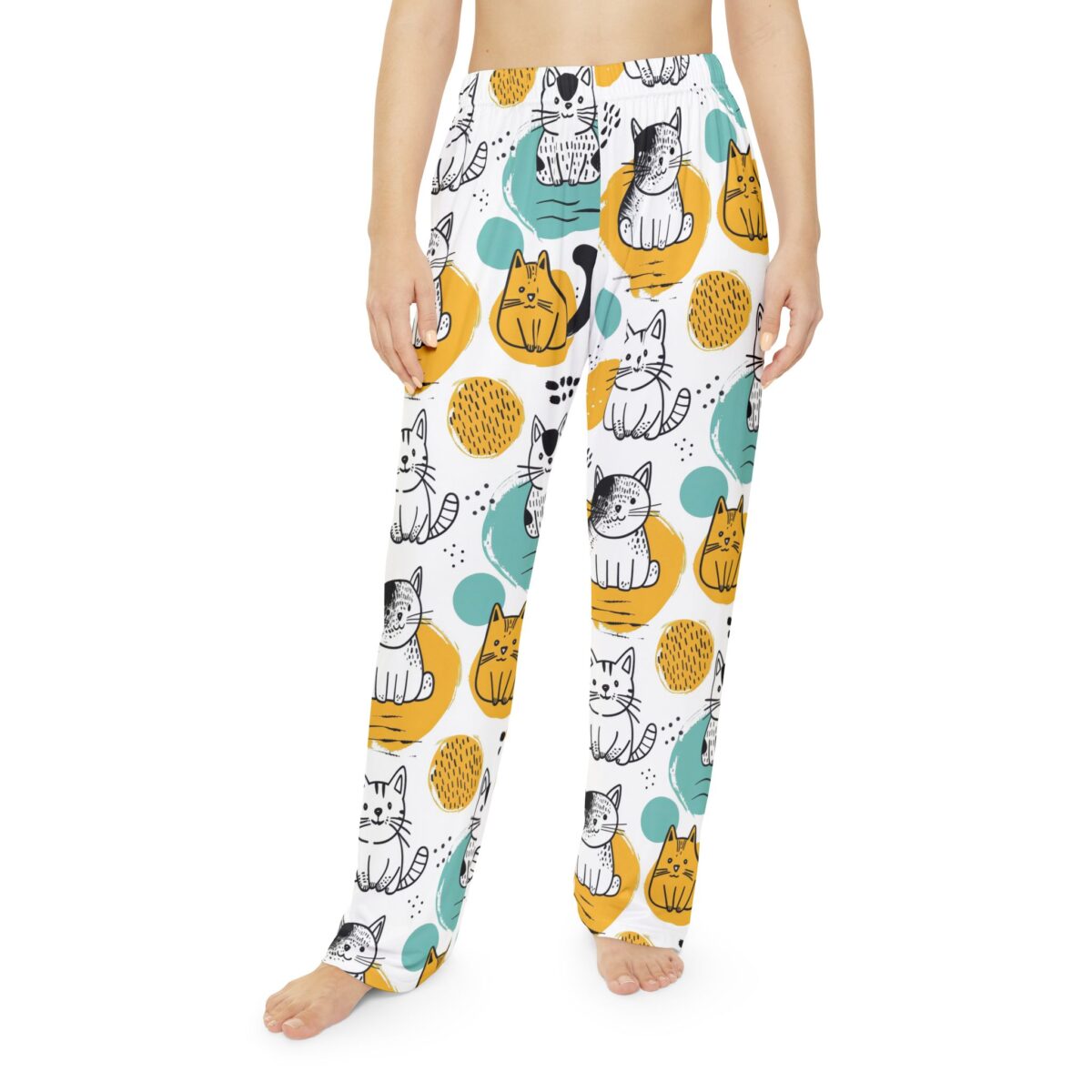 White pajama pants with all over print of cute cats, yellow circles, and teal ovals. Seamless sublimation tee design.