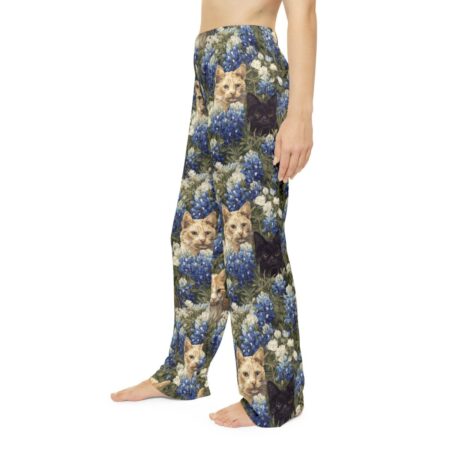 Cat and bluebonnet floral all over print pajama pants featuring a seamless wrap around sublimation botanical pattern design.