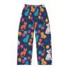Pajama pants with all over print of cats, dogs, and balloons in vibrant colors on a dark blue background.
