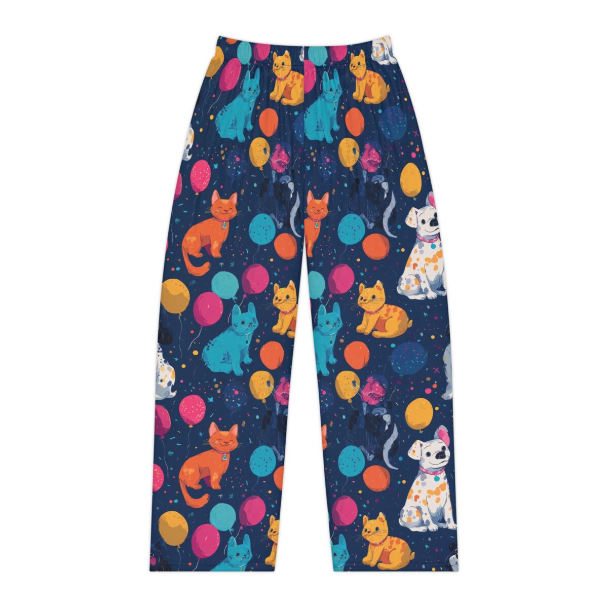 Pajama pants with all over print of cats, dogs, and balloons in vibrant colors on a dark blue background.