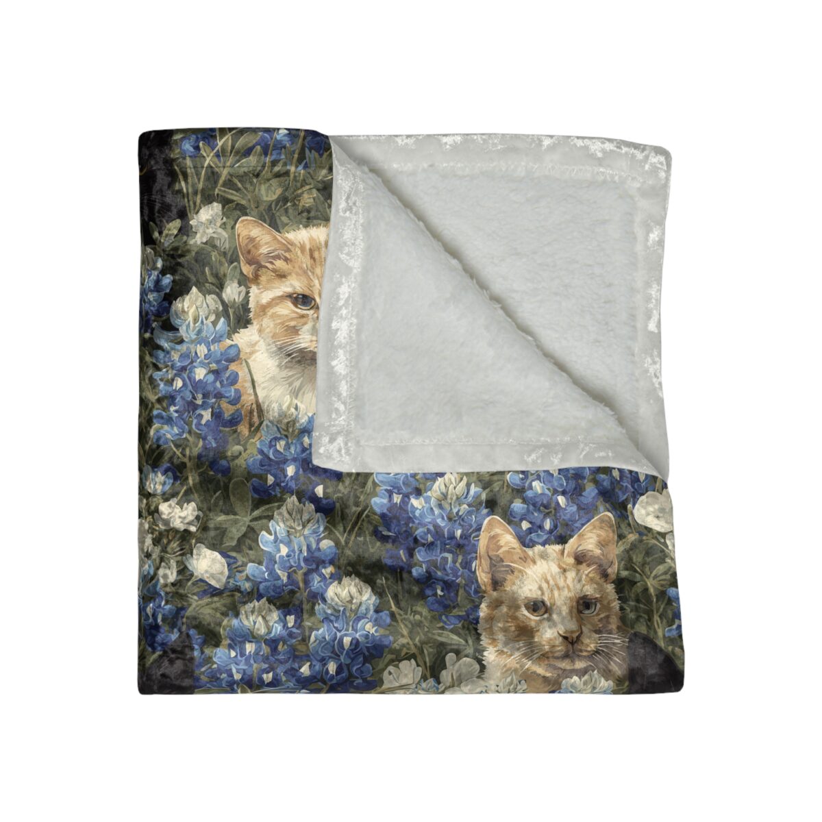 Cozy plush blanket featuring an all-over print of two cats nestled among vibrant bluebonnets and greenery.