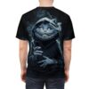 Streetwear aesthetic Cheshire Cat smoking cigarette all over print sublimation tee featuring a dark, hooded, creature graphic with swirling smoke.
