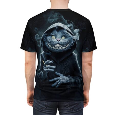 Streetwear aesthetic Cheshire Cat smoking cigarette all over print sublimation tee featuring a dark, hooded, creature graphic with swirling smoke.