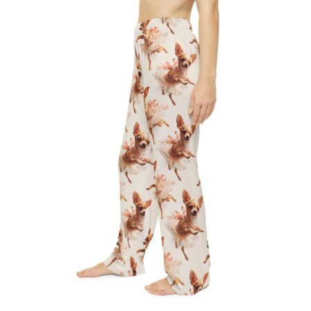 Cute chihuahua wearing pink tutu all over print pajama pants with seamless repeat sublimation pattern for comfortable lounge wear.