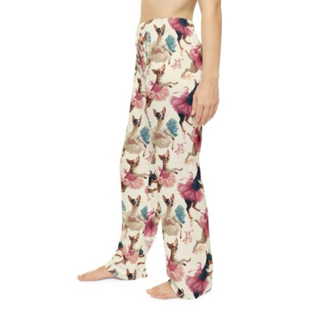 Chihuahua ballerinas in pink tutus and blue fans, cream all over print sublimation pajama pants.