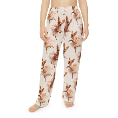 Cream pajama pants printed with chihuahuas in ballet tutus and pink bows. All over print design.