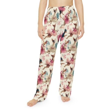 Cream all over print pajama pants featuring chihuahuas in tutus and floral accents.