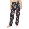 Chihuahua ballerina all over print pajama pants, navy blue with pink and blue floral graphic.