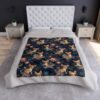 Chihuahua dogs in ballet tutus dance among flowers on a dark blue all over print blanket.