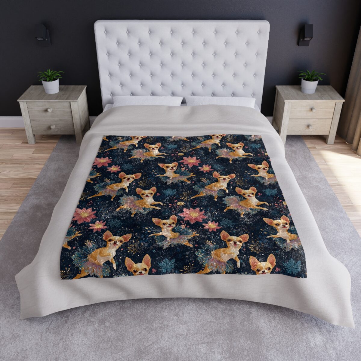Chihuahua dogs in ballet tutus dance among flowers on a dark blue all over print blanket.