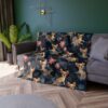 Chihuahua dogs dressed as ballet dancers on a dark all over print fleece blanket with floral accents.