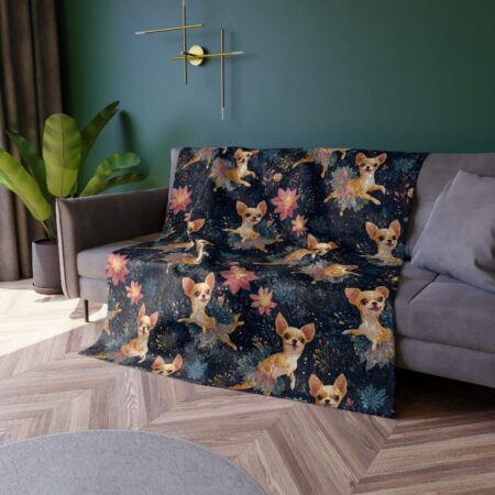Chihuahua dogs dressed as ballet dancers on a dark all over print fleece blanket with floral accents.