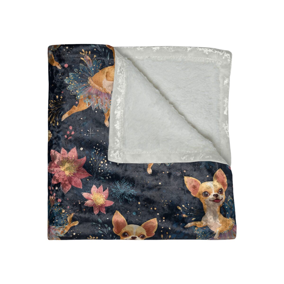 Chihuahua dogs in fairy ballet costumes on a dark floral and starry night all over print plush blanket.