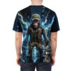 Graphic t-shirt featuring a chimp biker in a leather jacket and cap, standing on a wet city street with lightning strikes.