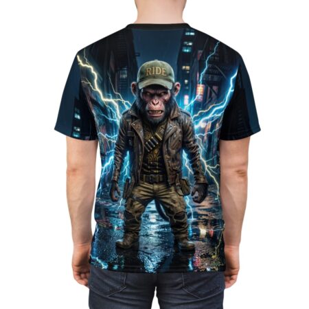 Graphic t-shirt featuring a chimp biker in a leather jacket and cap, standing on a wet city street with lightning strikes.