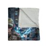 Chimpanzee in leather jacket and cap against city backdrop with lightning and graffiti. All over print blanket.