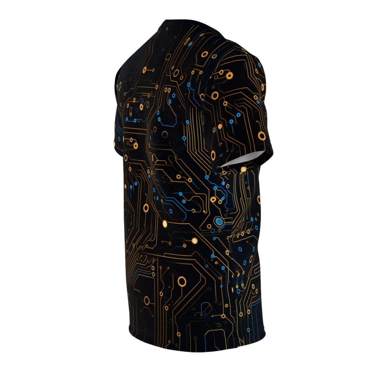 Black sublimation tee with a detailed circuit board pattern in yellow and blue lines and circles.