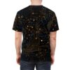 Black all over print sublimation tee featuring a detailed gold and blue circuit board graphic. Cyber grunge streetwear aesthetic.