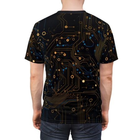 Black all over print sublimation tee featuring a detailed gold and blue circuit board graphic. Cyber grunge streetwear aesthetic.