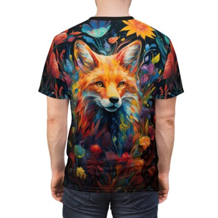 Vibrant psychedelic fox graphic sublimation tee with a seamless all over print of colorful flowers and foliage.