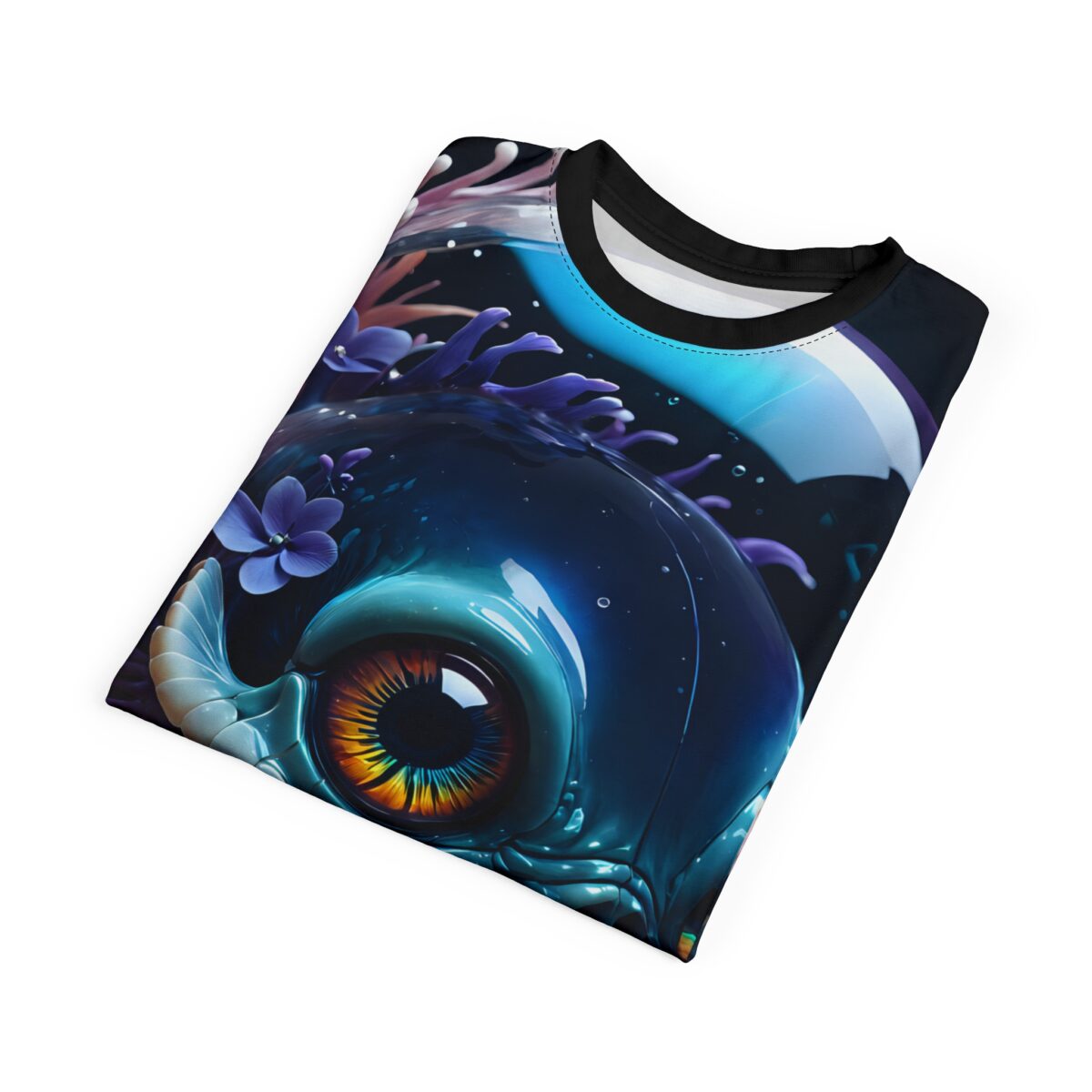 All over print sublimation tee featuring a detailed cosmic eye and underwater floral graphic with vibrant blue and orange hues.