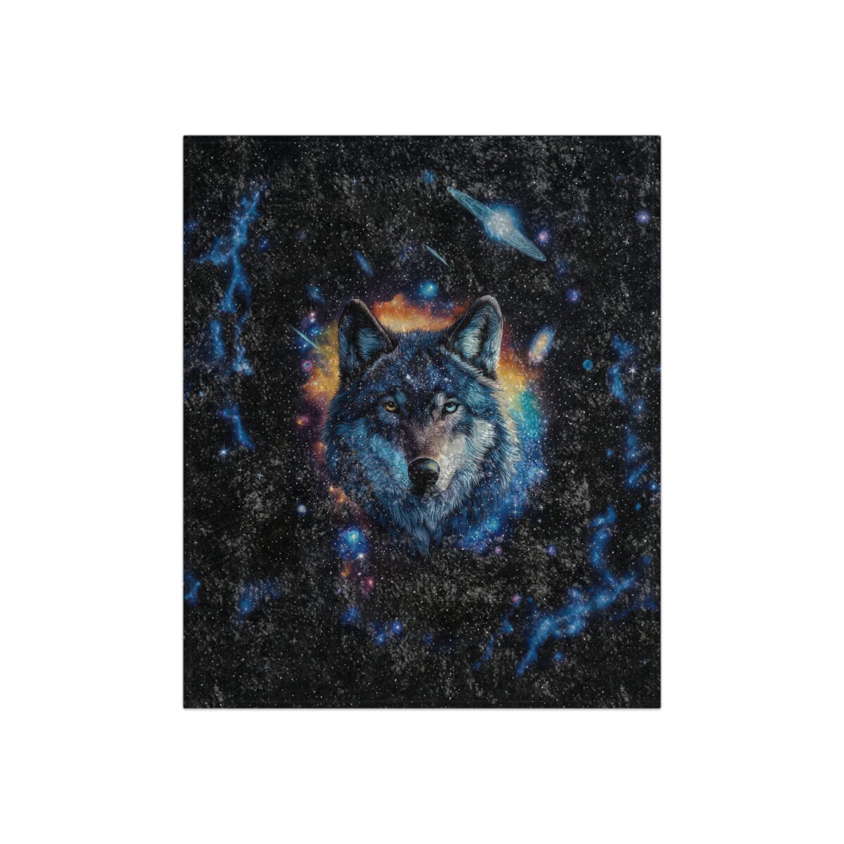 Cosmic wolf face with nebula and stars, all over print sublimation tee.