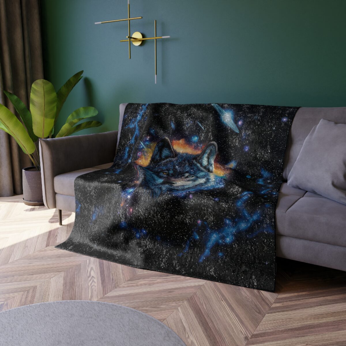 Cosmic wolf galaxy throw blanket featuring a nebula space design with starry, celestial, and nebula patterns in deep space.