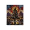 Vintage cowboy figure in desert landscape with abstract sun graphic, steampunk western art.