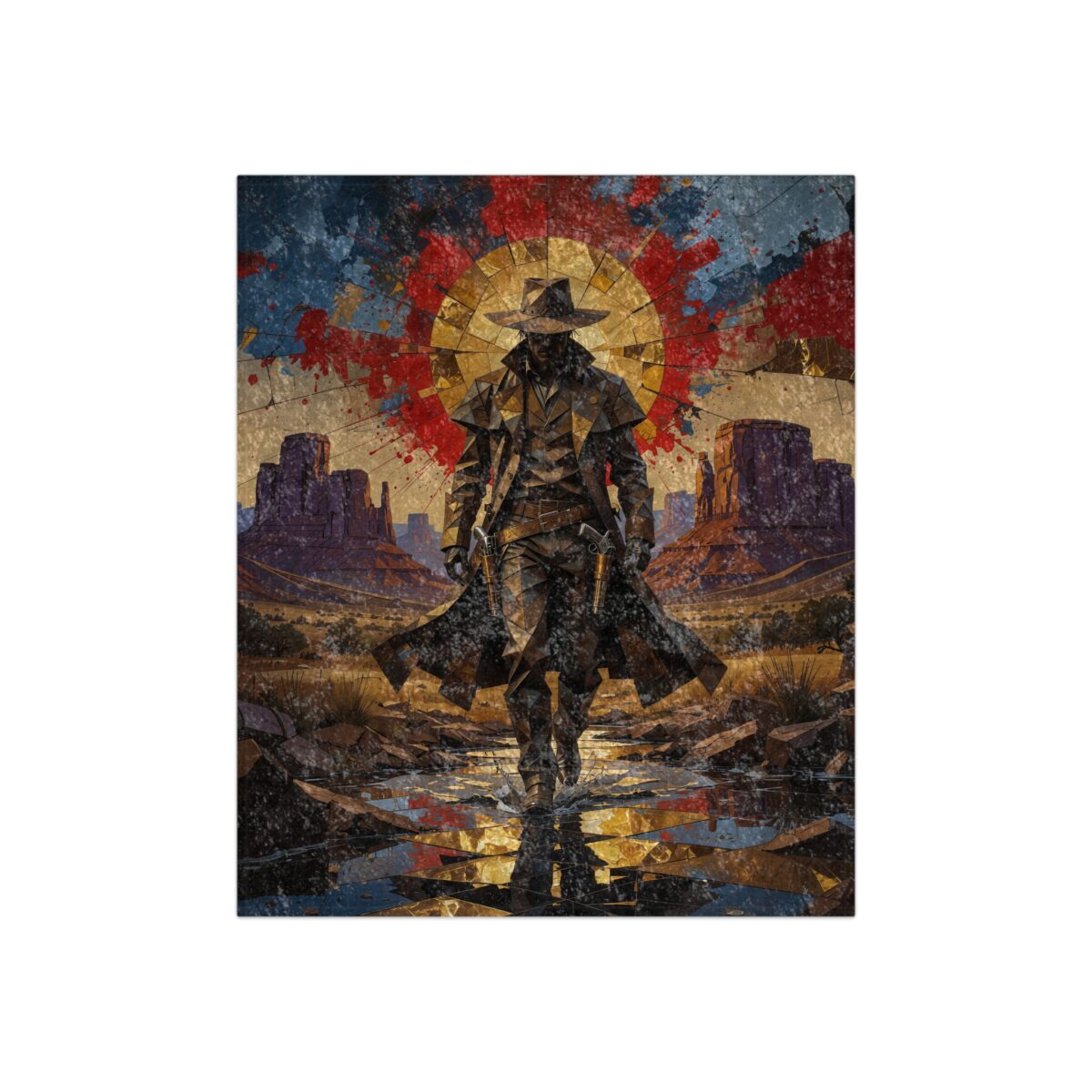 Vintage cowboy figure in desert landscape with abstract sun graphic, steampunk western art.