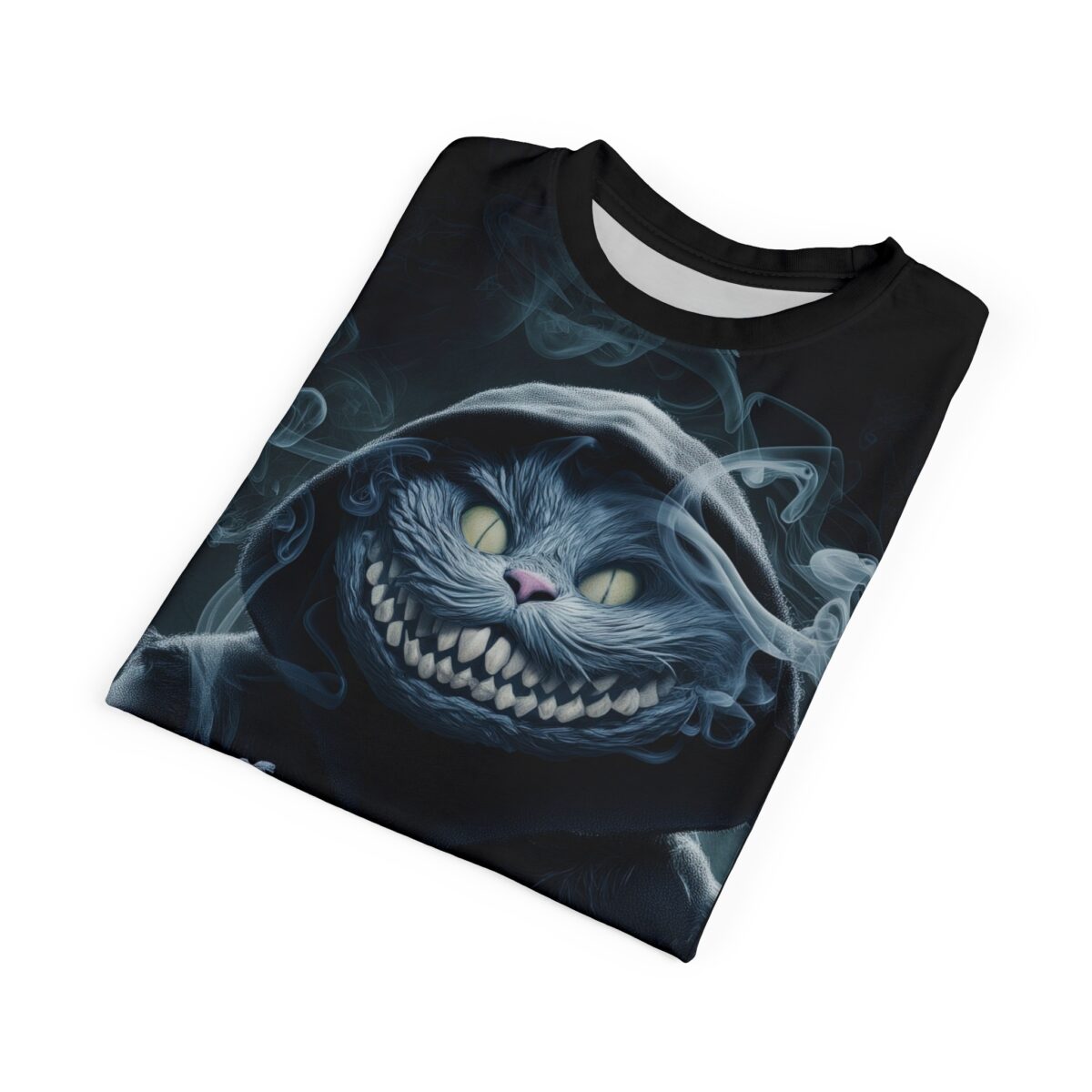 Creepy cat with wide grin and yellow eyes in a hoodie, surrounded by smoke, on a black sublimation tee.