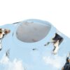 Cute beagle dog illustration with butterflies on a light blue sky and cloud all over print sublimation tee.