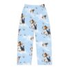 Blue pajama pants featuring a seamless all over print of cute beagle puppies and butterflies scattered among white clouds.